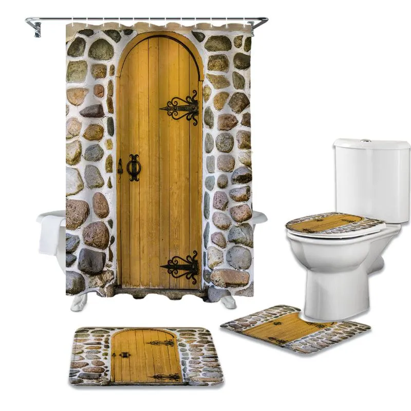 シャワーカーテン石の壁の木製ドアカーテンセット非滑り止め敷物トイレの蓋カバーとバスマットの防水バスルーム
