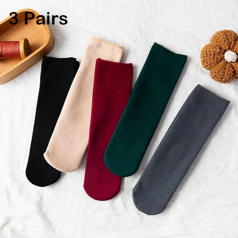 5PC Socks Hosiery 3 Pairs Women Winter Korean Version In The Tube with Wool Thick Stockings Snow Socks Adult Internet Red Thermal Floor Socks Z0221