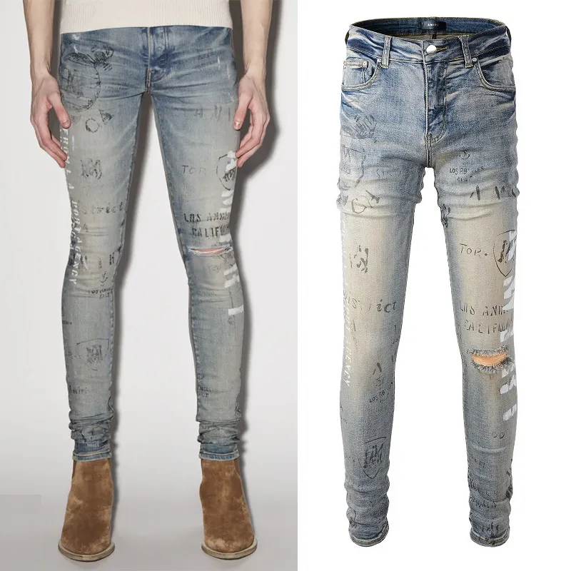 Denim jeans för män målad effekt Damage Wash Slim Fit