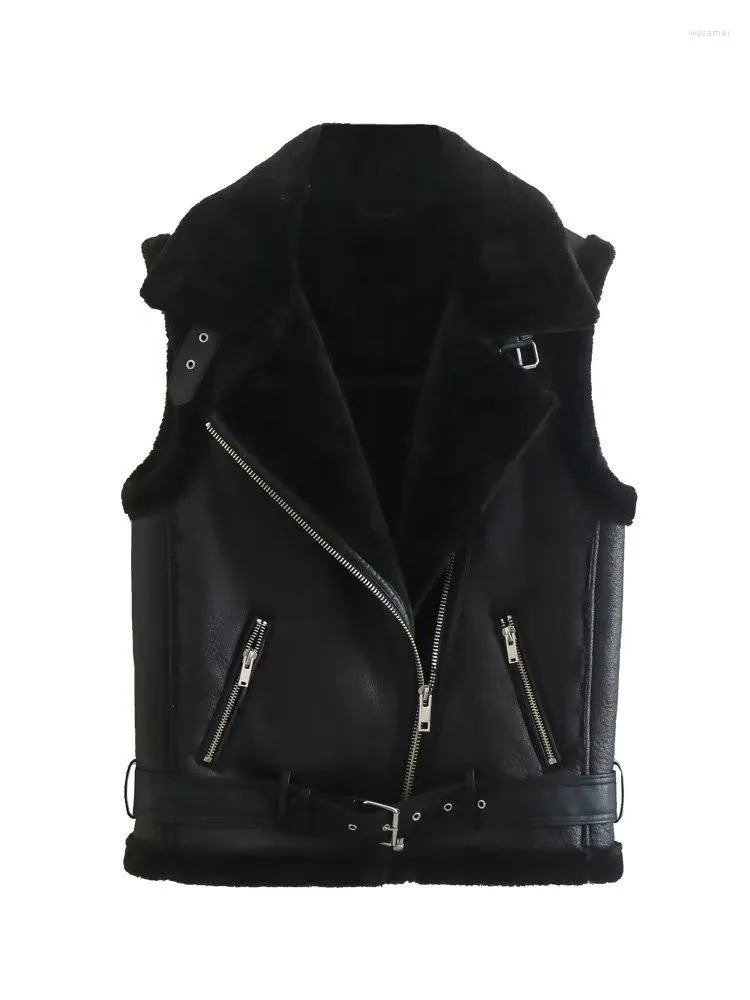 Women's Vests ZXQJ Women 2023 Fashion Faux Leather Zipper Pocket Warm Thick Vest Vintage Sleeveless Female Waistcoat Outerwear Streetwear