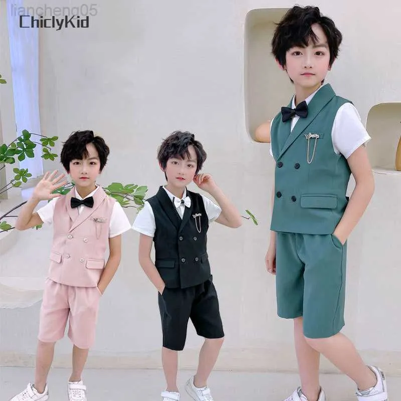 衣類セット男の子夏のソリッドベストシャツショーツフォーマルドレスキッズチッズクール服セットチャイルドスクールユニフォーム幼児タキシードW0222