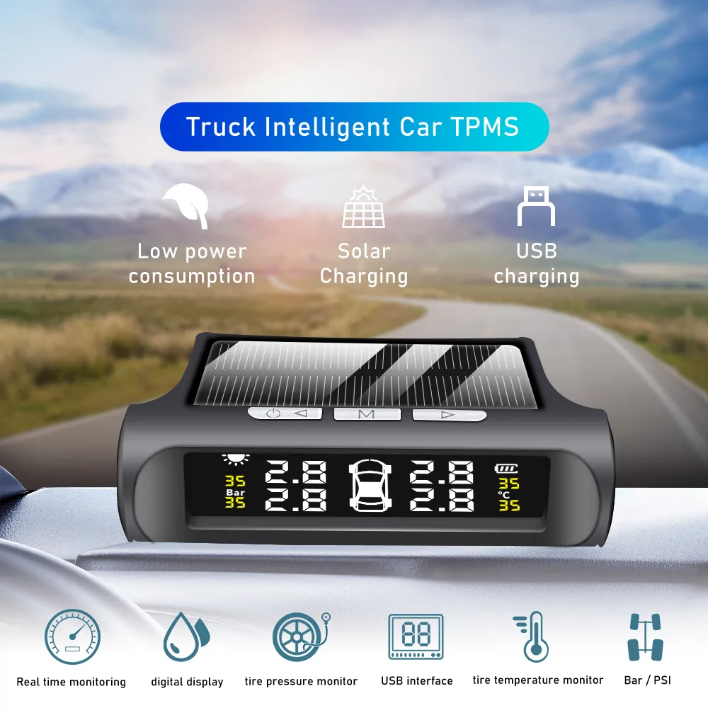 Bilsol TPMS -däcktrycksövervakningssystem Solenergi Digital Display Säkerhetslarm Däck 4 Hjultryckssensor