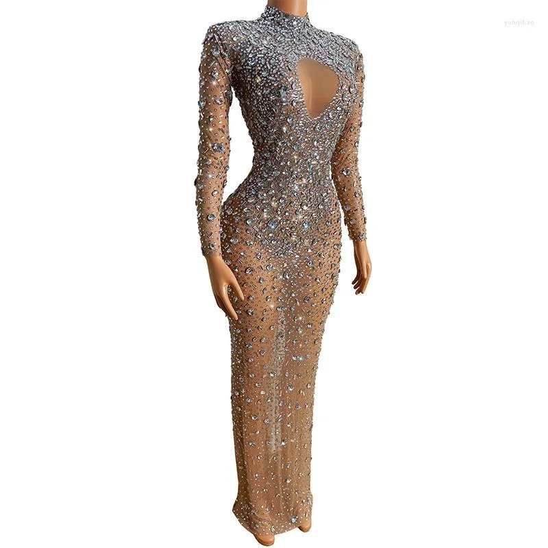 Stage Wear Luxurious Rhinestoness Crystals Mesh Long Dresses For Women Birthday Celebrate Evening Prom Party Gown Dress Female