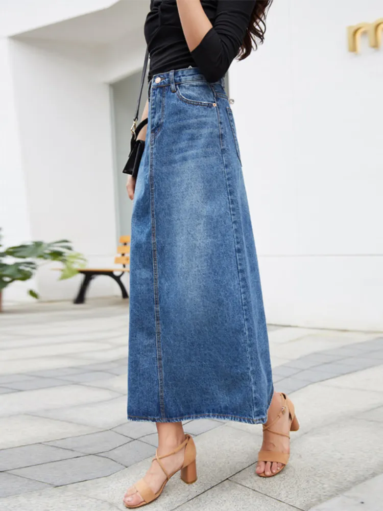 Casual Dresses Denim Skirt Long Women Blue Solid A-line Skirts Fashion Lady Streetwear Casual Pocket High Waist Jeans Skirt Office Maxi Skirt 230222