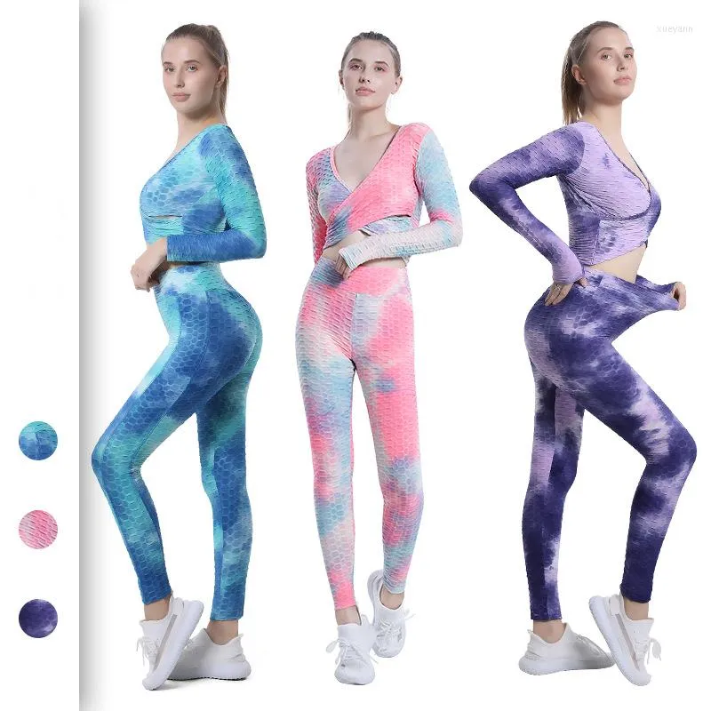 Aktive Sets 2PCS Frauen Yoga Set Tie Dye Sportswear Sport Workout Gym Kleidung Kreuz Langarm Top Hohe Taille Leggings Outdoor Anzüge