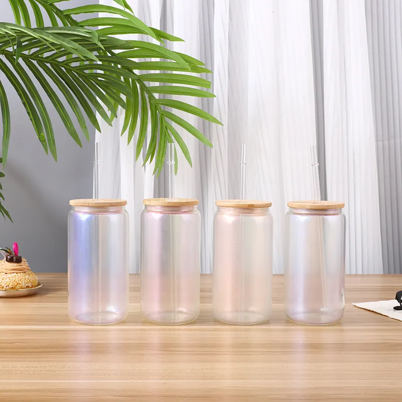 16oz Sublimation Iridescent Glass Cup Gradient Transparent Coffee Beverages Cup Glass Tumbler With Bamboo Lid And Straw Copa De Vidrio Iridiscente Por Sublimacion