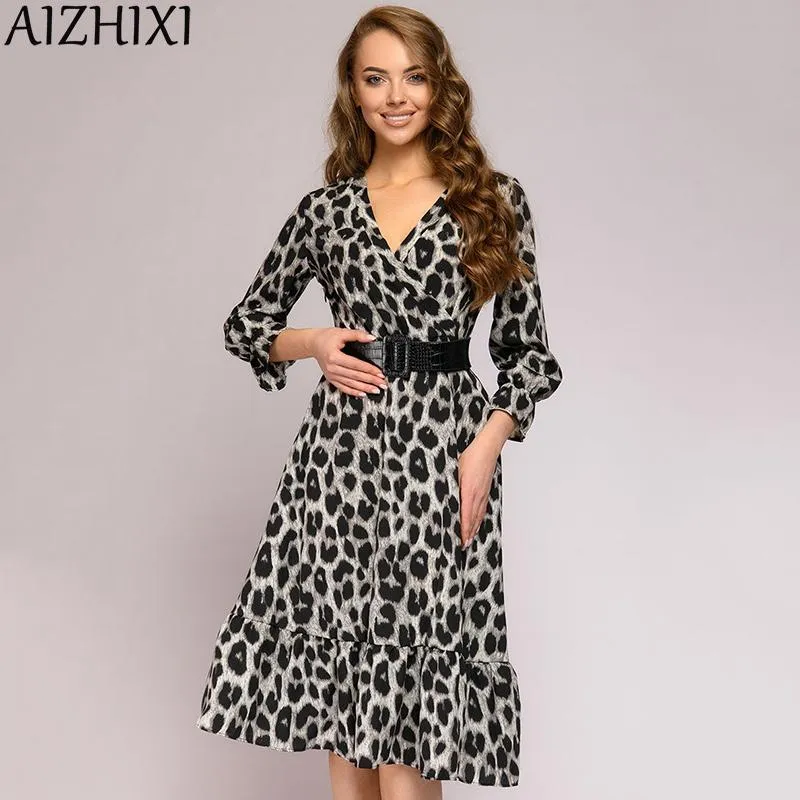 Casual Dresses AIZHIXI 2023 Autumn Ruffle Hem Leopard Print Dress Women V Neck Flare Sleeve Elegant Vintage Midi Sexy Party (No Blet)