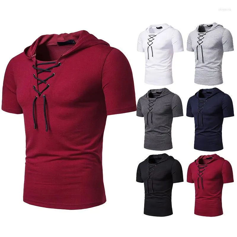 Camisetas para hombre, moda de verano, camiseta con cuello con capucha y cordones para hombre, camiseta holgada de manga corta de Color sólido, ropa para hombre, Tops