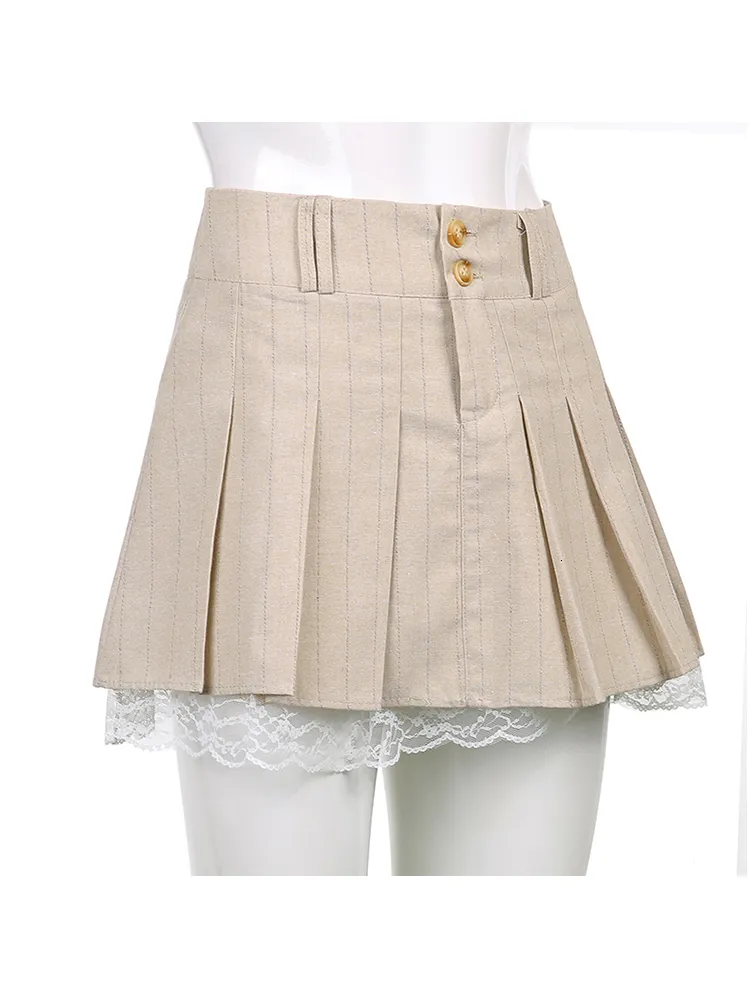 Korean Style Khaki Short Skirt: Lace Trim Pleated Skirt For