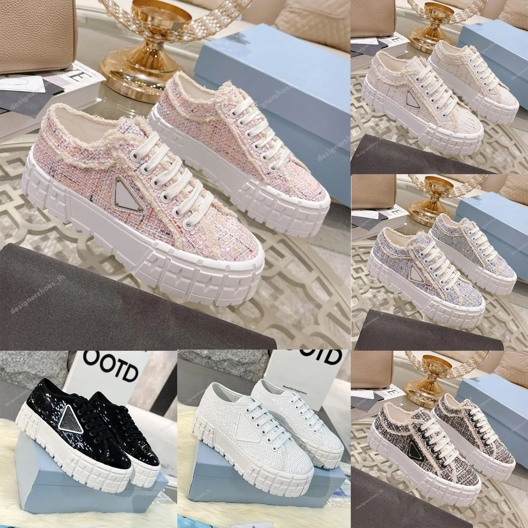 With Box Prad Designer Casual Shoes Women Double Wheel Triangle Thick Sole Nylon Sneakers Triple Platform Sequins Multicolor Ladie Ix 1987