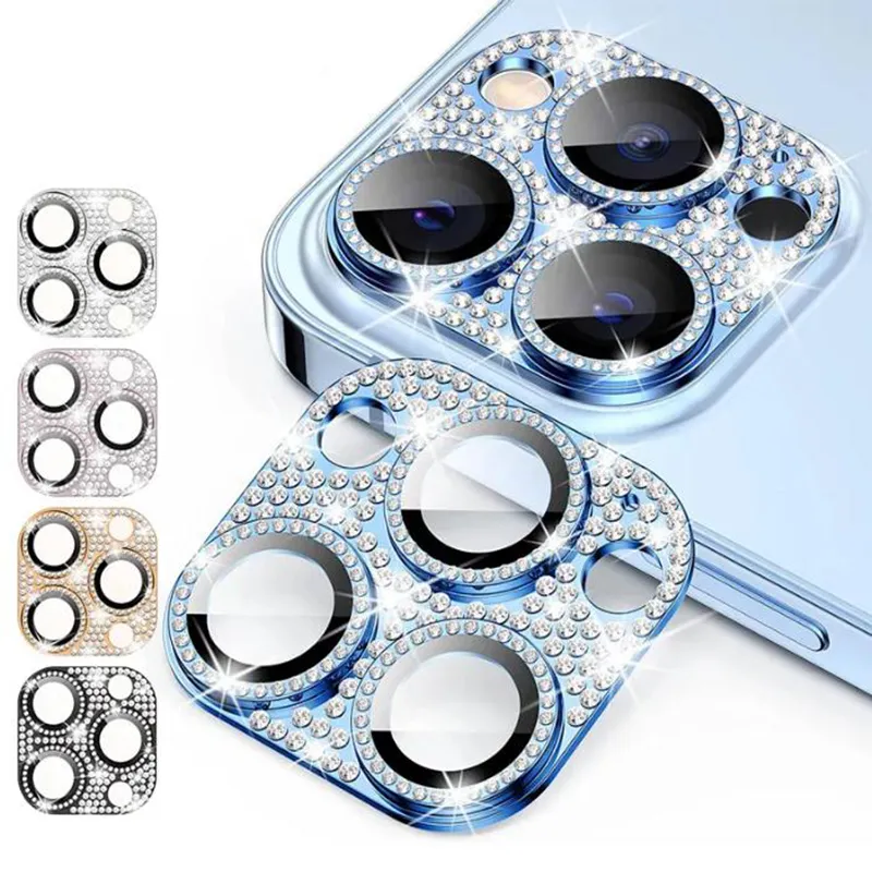 Diamant métal lentille de caméra protecteur en verre trempé brillant Bling coloré résistant aux rayures pour iPhone 14 13 12 Mini 11 Pro Max