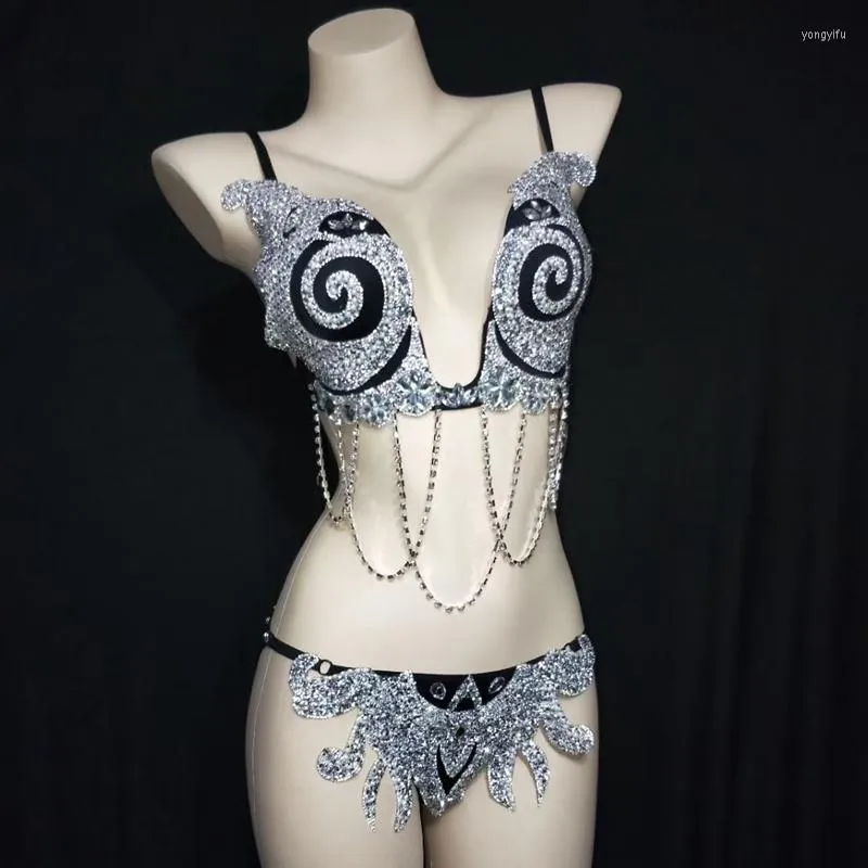 Scenkläder sexig poldans kostym silver svart strass kvinnor modell kedja bikini set nattklubb dansare team