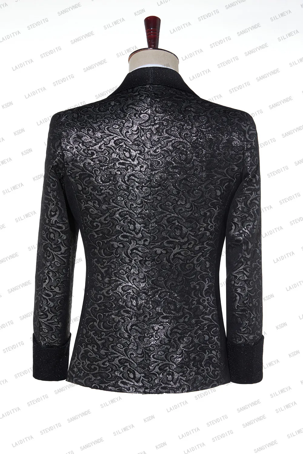 Men's Pure Black Double Vent Besom Pocket Floral Pattern Shawl Lapel Suit main image 1