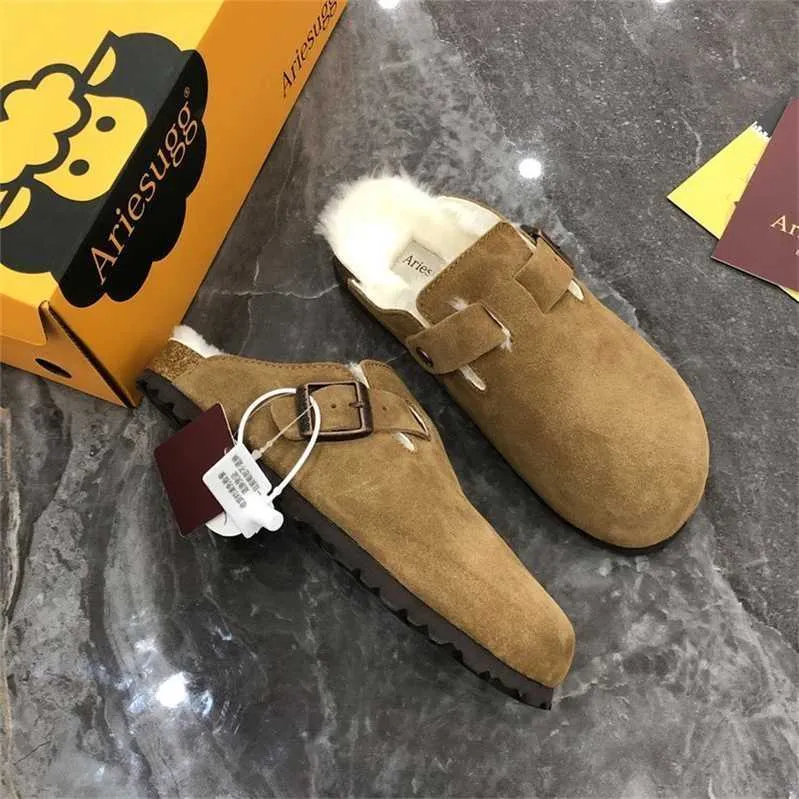 Дизайнерские тапочки Birkinstock Outlet Boken Shoes с плюшевыми толстыми подошвами Henan Sheepkin Кожаная полуинтегрированная зимняя и женская шерсть Ken Mop Mulberry