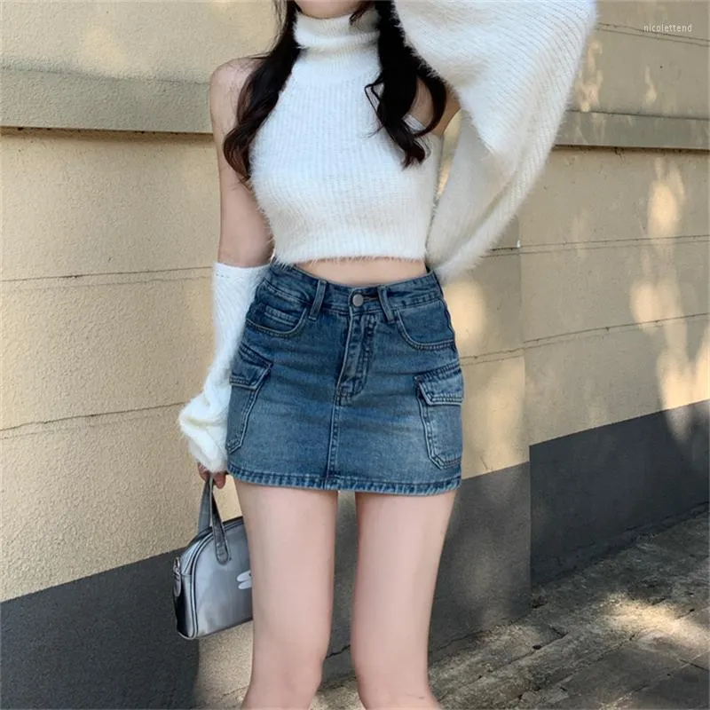 Skirts Korean Fashion High Waist Women's Denim Skirt Wrap Hip A-line Pocket Overalls Mini Female Spicy Girl Summer 2023