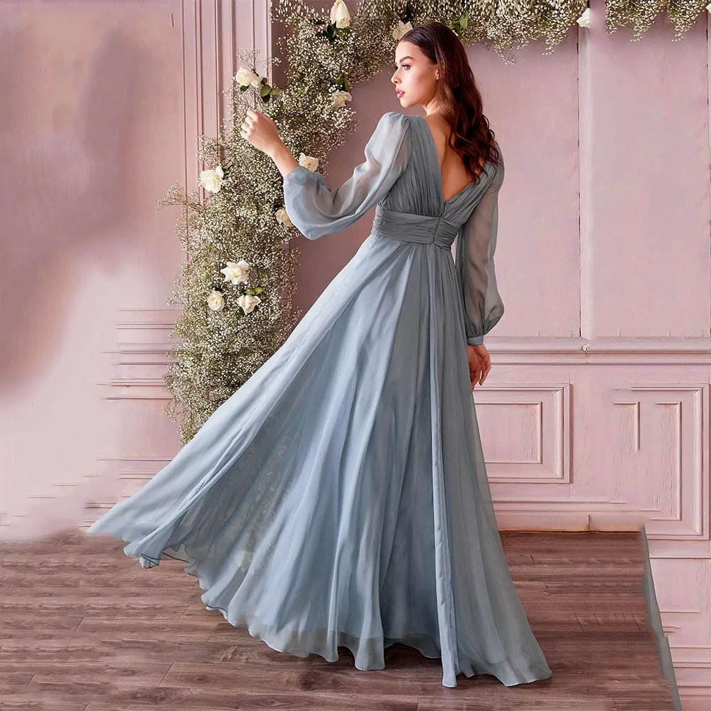 Green Blue Chiffon Evening Dress With Pleated Empire Waist And Full Sleeves For Prom Or Formal Occasions From Donnaweddingdress26 90.46 DHgate.Com