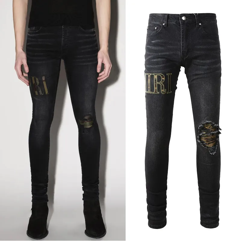 Rip Black Denim Jeans Whisking Damage Bleach Washed Worn Out Slim Fit Plus Size 38