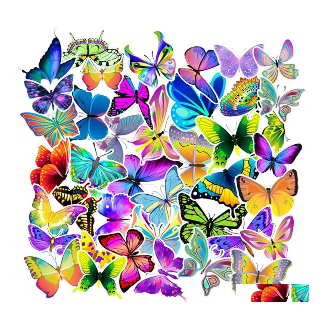 자동차 스티커 50pcs Colorf Butterfly Nonrandom 용 자전거 사령 스티커 노트북 스케이트 보드 모터 워터 병 스노우 보드 벽 데칼 DHMA4