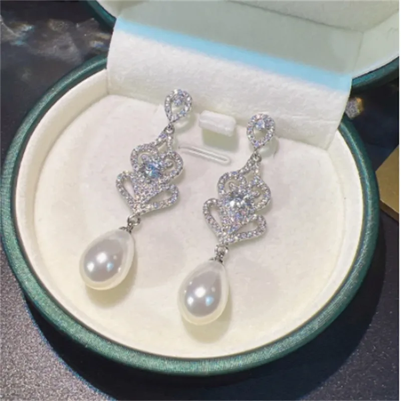 Vintage Pearl Diamond Dangle Earring 925 sterling silver Wedding Drop Earrings for Women Bridal Promise Engagement Party Jewelry