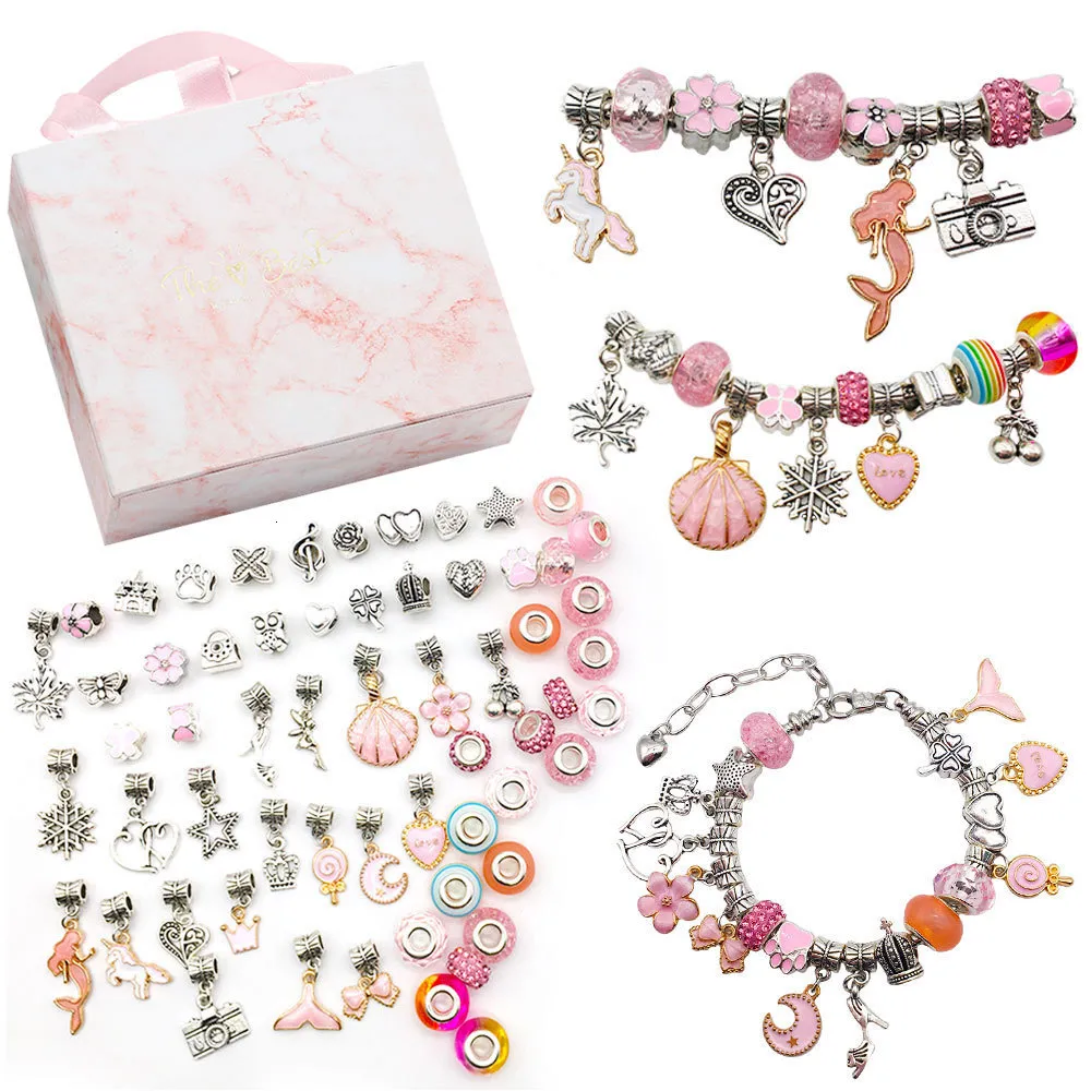 Charm-Armbänder Kinder-Charm-Armband-Herstellungsset, Zubehör, Perlen, kreatives DIY-Armband, handgefertigter Kristallschmuck, Kinderarmband, rosa Geschenkbox-Set 230222