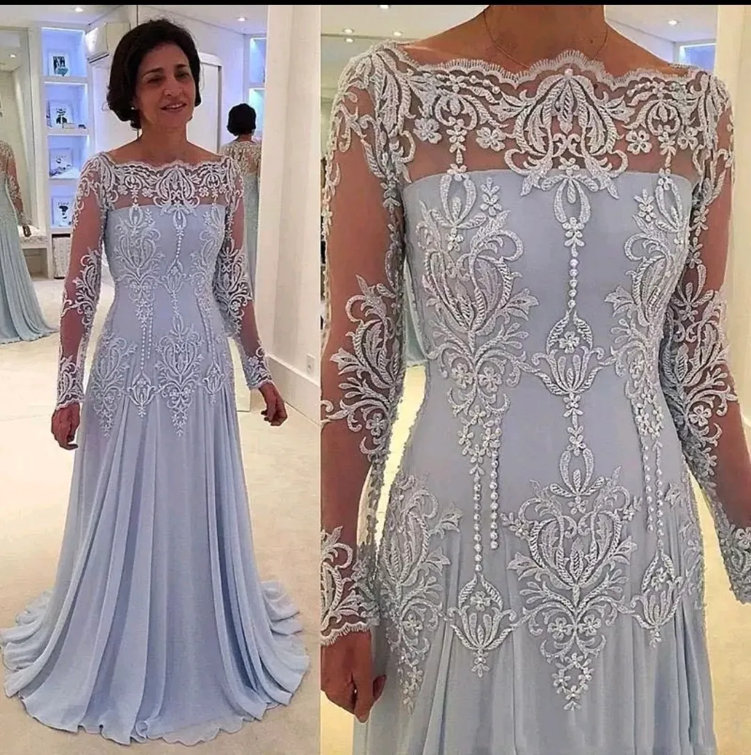 Elegante madre de los vestidos de novia Apliques de encaje Manga larga Gasa Una línea Vestidos de invitados de boda Novio Mamá Noche formal Vestido de fiesta de graduación