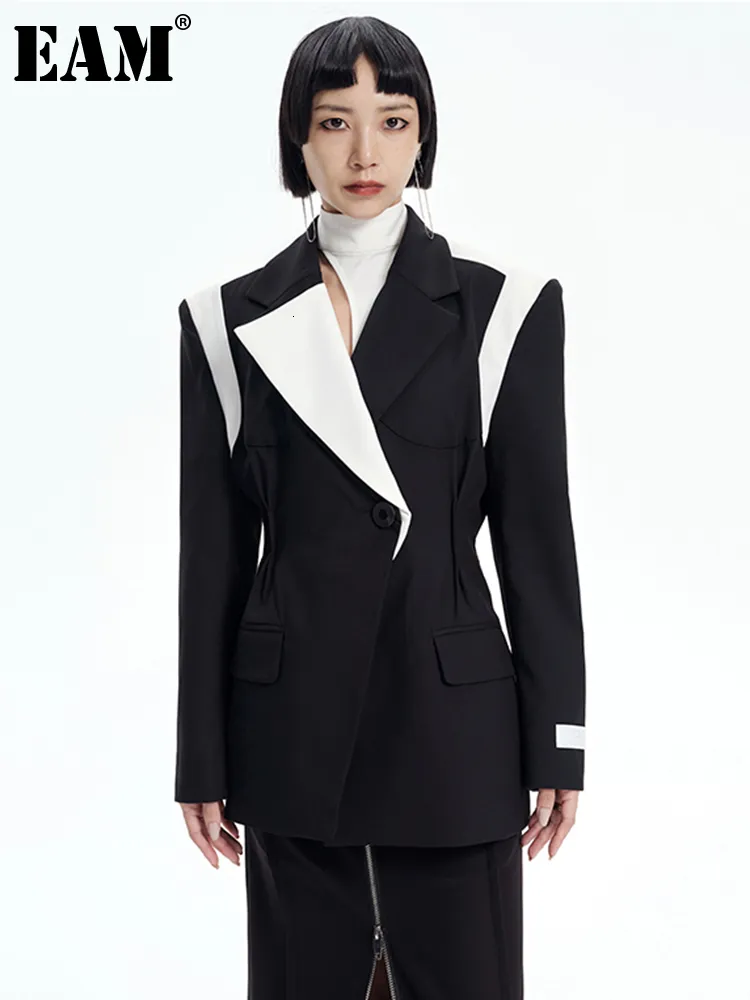 Kvinnors kostymer blazrar EAM Women Black ColorBlock Elegant Blazer Lapel Long Sleeve Loose Fit Jacket Fashion Spring Autumn 2023 1DF0762 230221