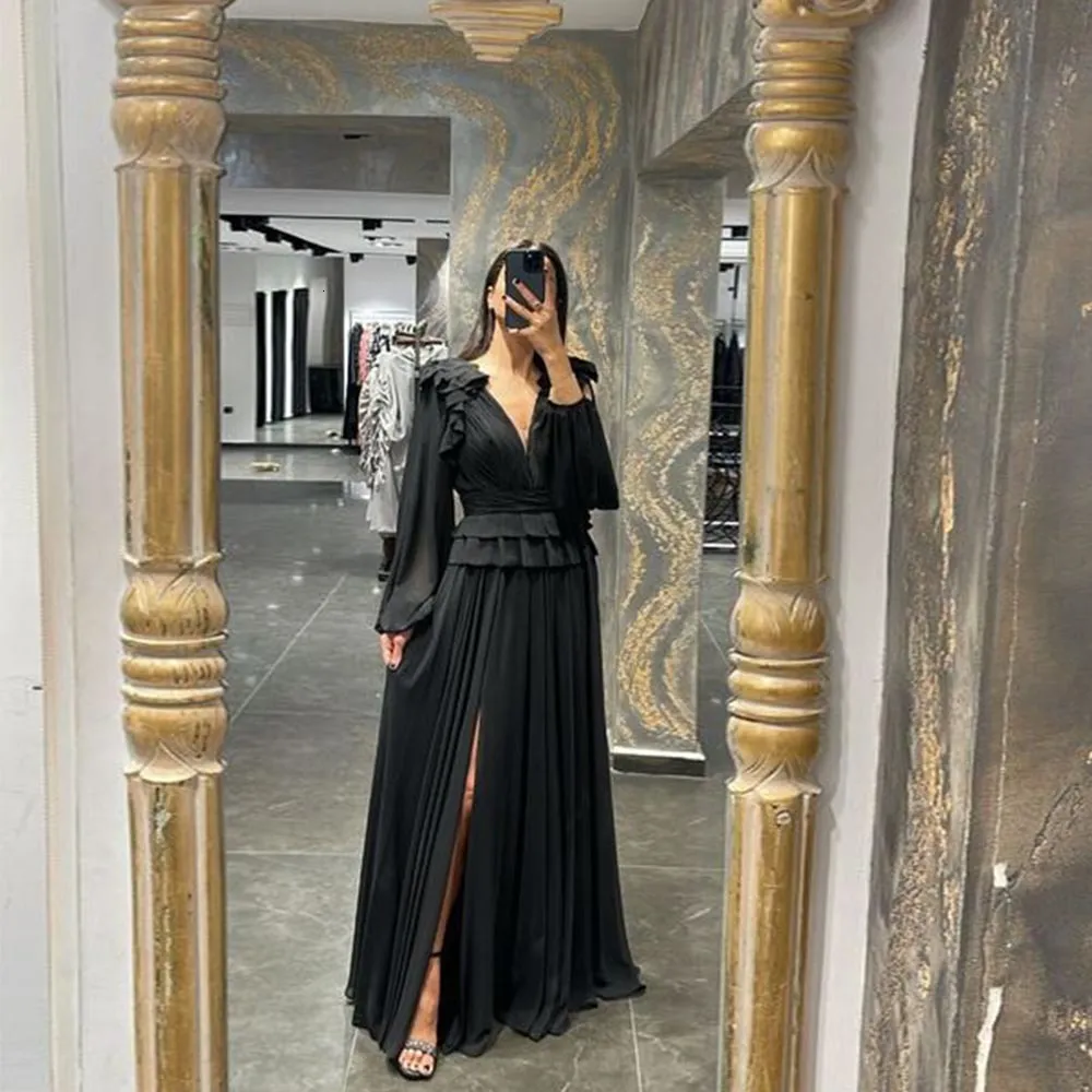 Party Dresses Black Classic Evening For Women Chiffon V-Neck Puff Sleeves Prom Side Split A-Line Floor Length Robes De Soire 230222