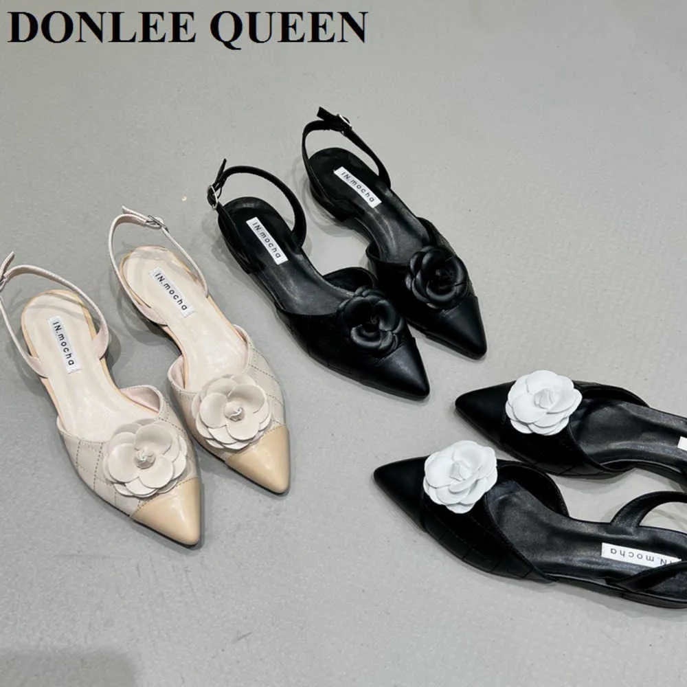 Moda apontada de toe plana slingback sand￡lias elegantes marca de mulas preto/branco flores de bal￩ feminino zapatos mujer 0220