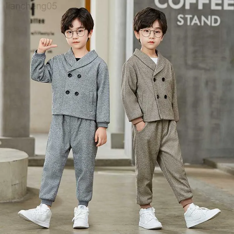 Clothing Sets Blazer Set for Toddler Boys Double Breasted Tops Pants T-shirt Three Piece Suit Kids School Piano Show Comes Children Clothes W0222