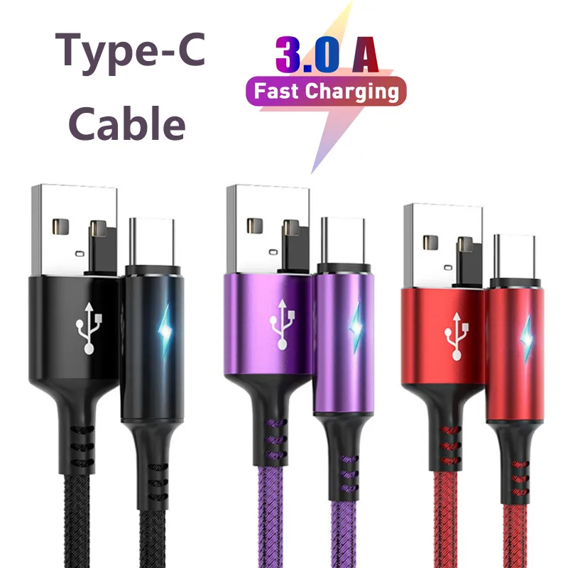 كابل USB من النوع C 3A LED سريع الشحن سلك الهاتف المحمول لشاومي Redmi Samsung S22 Huawei Type C Data Charge Cable