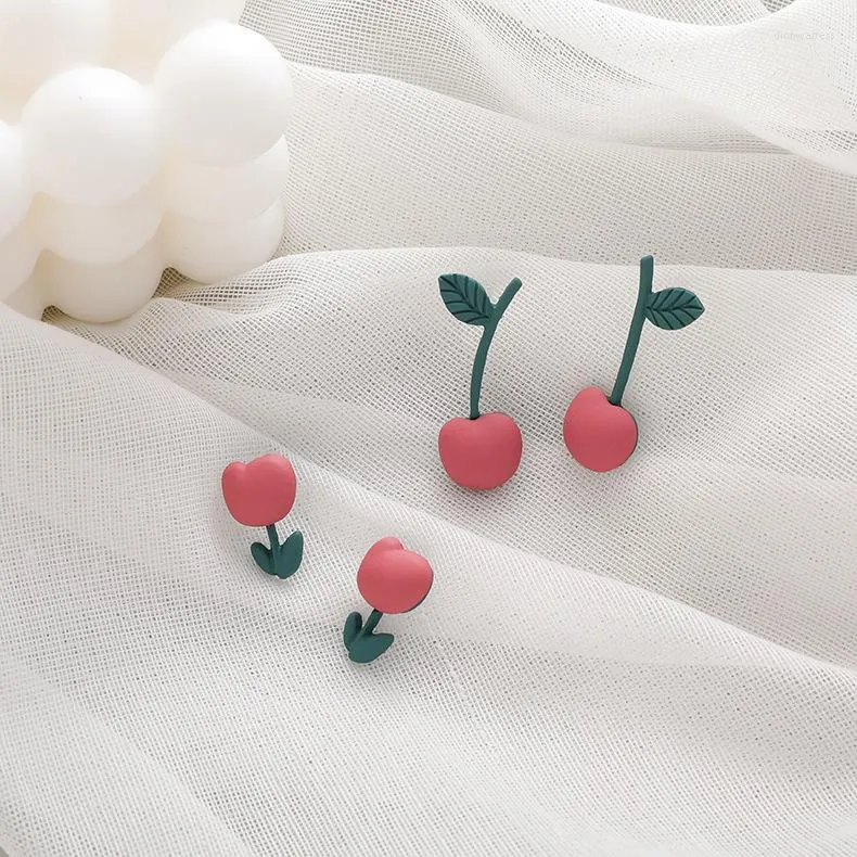 Stud Earrings Sweet Candy Fruit Fresh Leaf Flower Cute Funny Green Red Cherry Ear Clip Piercing Jewelry Accessories