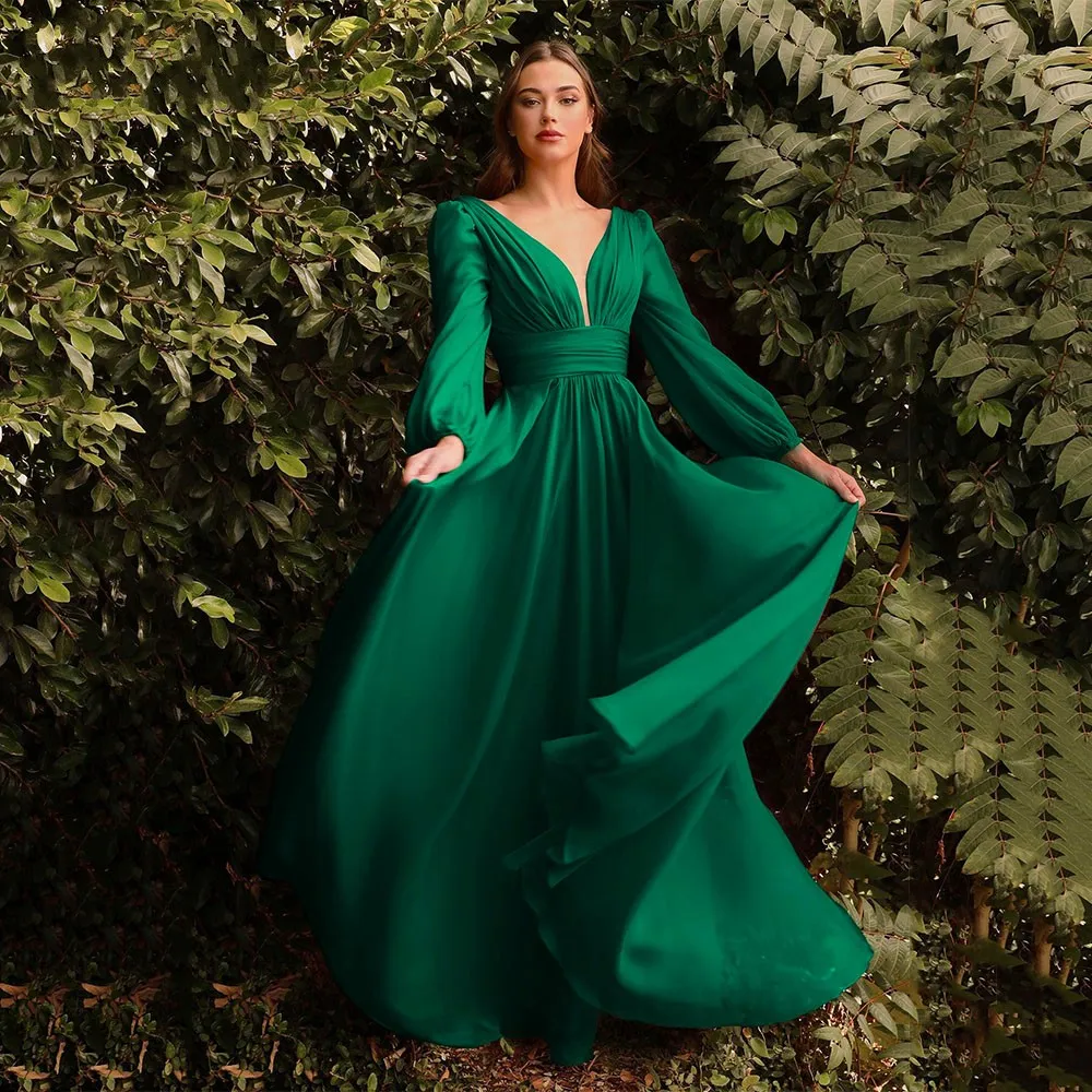 Green/Blue Chiffon V Neck Evening Dress 2023 Pleated Empire Waist Full Sleeves A Line Prom Formal Gowns Robe de Soiree 2023 Vestidos Feast