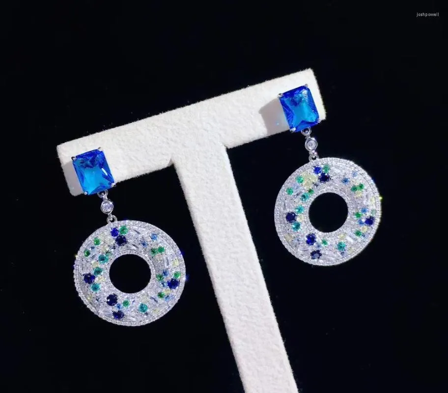 Bengelen oorbellen blauw multi -kleuren 925 sterling zilver met kubieke zirkoon donut drop oorr earring mode fijne vrouwen sieraden