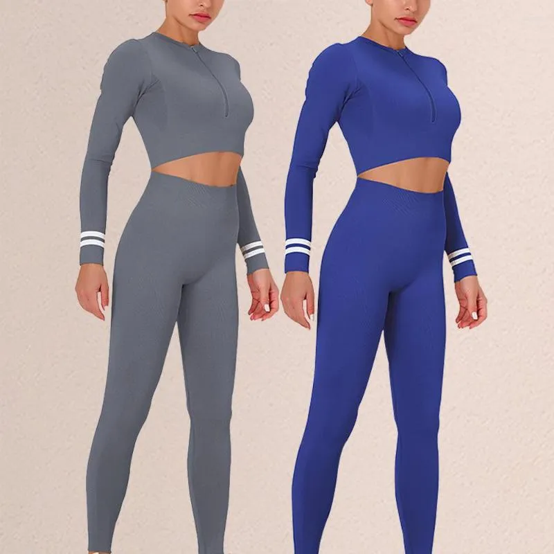 Active Set Fitness Workout Yoga Outfits 2 PCS Set Gym Women Clothing Seamless Leggings Tracksuit Långärmad skjortor Front Dragkedja Sportkläder