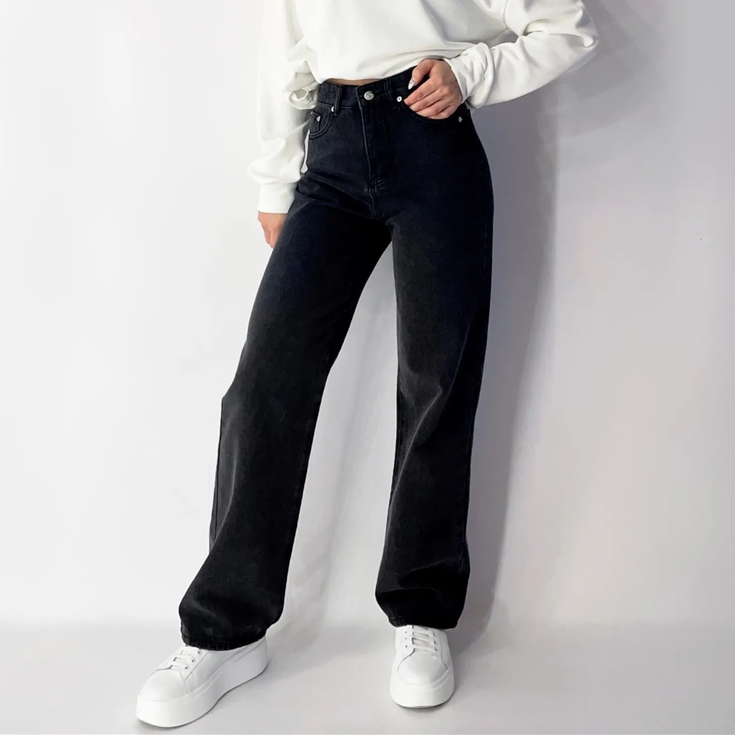 Kvinnors jeans zhisilao pojkvän rakt klippt hög midja jeans kvinnor vintage blå tvättar loss längre denim byxor streetwear 230222
