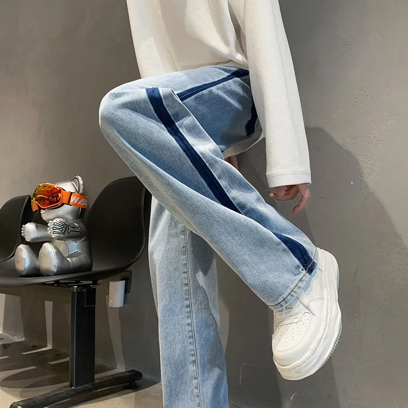 Jeans para hombres High street vibe Pantalones americanos Diseño minoritario masculino Sentido Empalme Jeans Rayas superpuestas Longitud del piso Recto 230222