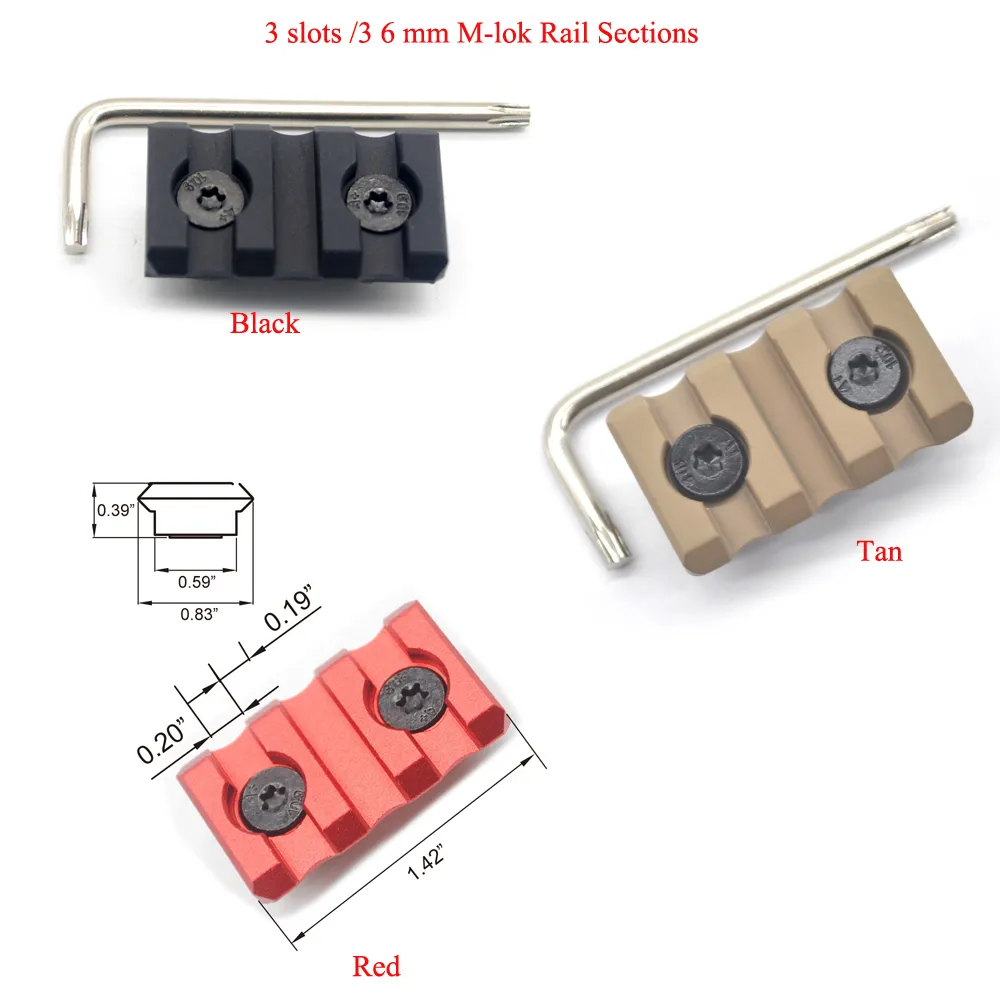 Kort l￤ngd 3 Slot Rail Section Segment f￶r Keymod/M-Lok Rail Mount System Picatinny Rails Black/Red/Tan Color
