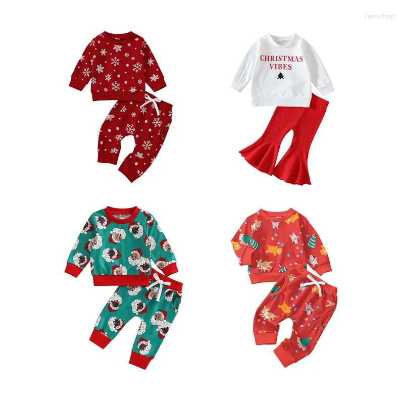 Completi di abbigliamento Natale nato Baby Boy Girl Abbigliamento 2 pezzi Abiti Autunno Inverno Manica lunga Stampa fiocco di neve Pullover Top e pantaloni Set