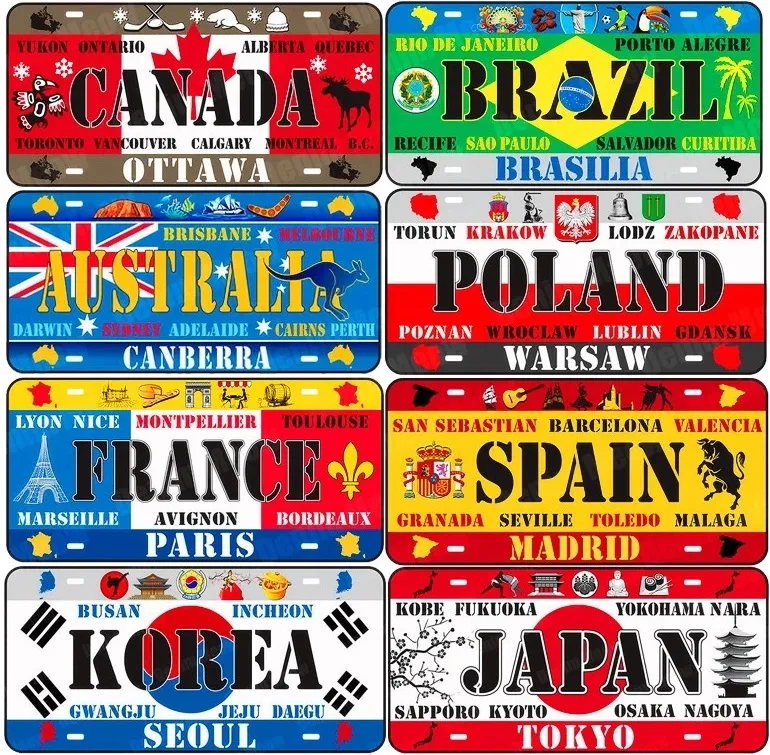 Brasilien Korea Japan Kanada registreringsskylt bil Motorcykel metallskyltar Bar Cafe Home Decor Mexico India Tyskland väggmålning 20x30 cm wo3