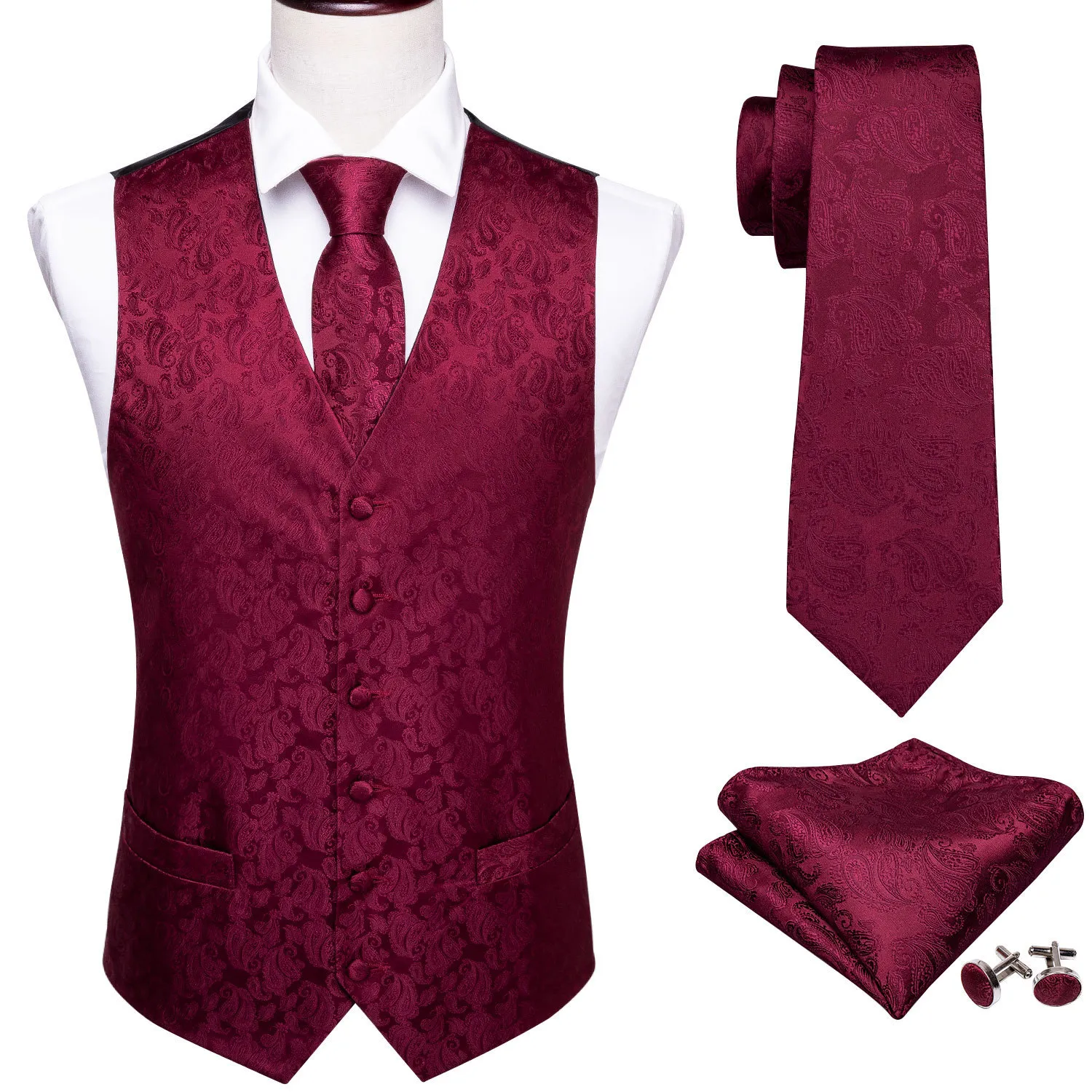 Gilet pour hommes rouges pour hommes Slim Suit Vneck Waistcoat Silk Paisley Tie Set Setkerchief Cuffinks Necktie Wedding Barrywang 230222