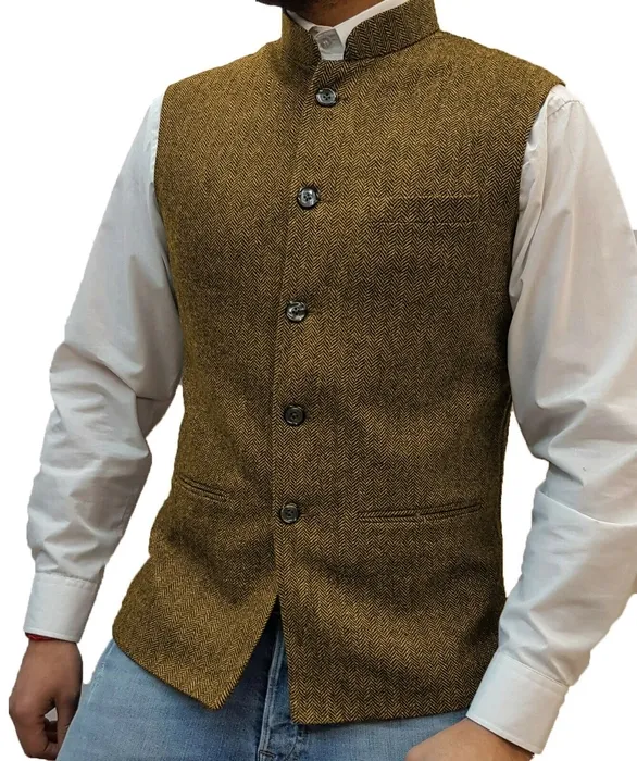 Men's Vests Suit Brown Herringbone Wool Tweed Standup Collar Slim Fit Waistcoat Groom Costumes Clothing For Men Wedding 230222