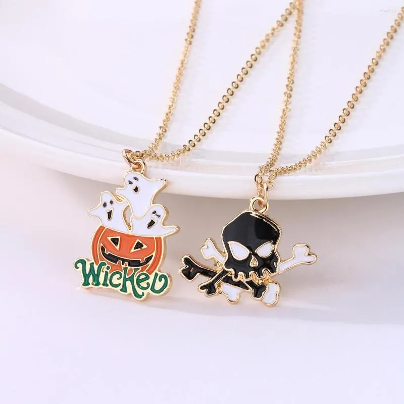 Pendant Necklaces WANGAIYAO Fashion Personality Cartoon Pumpkin Skull Necklace Alloy Drop Oil Double Chain Halloween Clavicle Ne