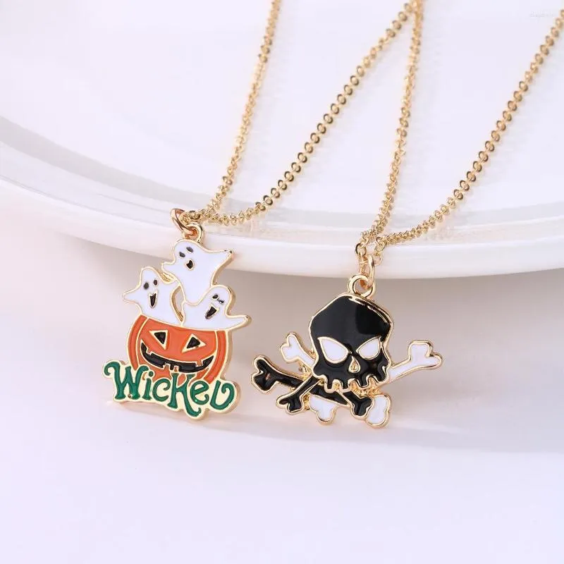 Colares pendentes Wangaiyao Personalidade de moda Cartoon Cartoon Pumpkin Skull Droy liga Oil Drop Oil Chain Double Halloween Clavicle Ne