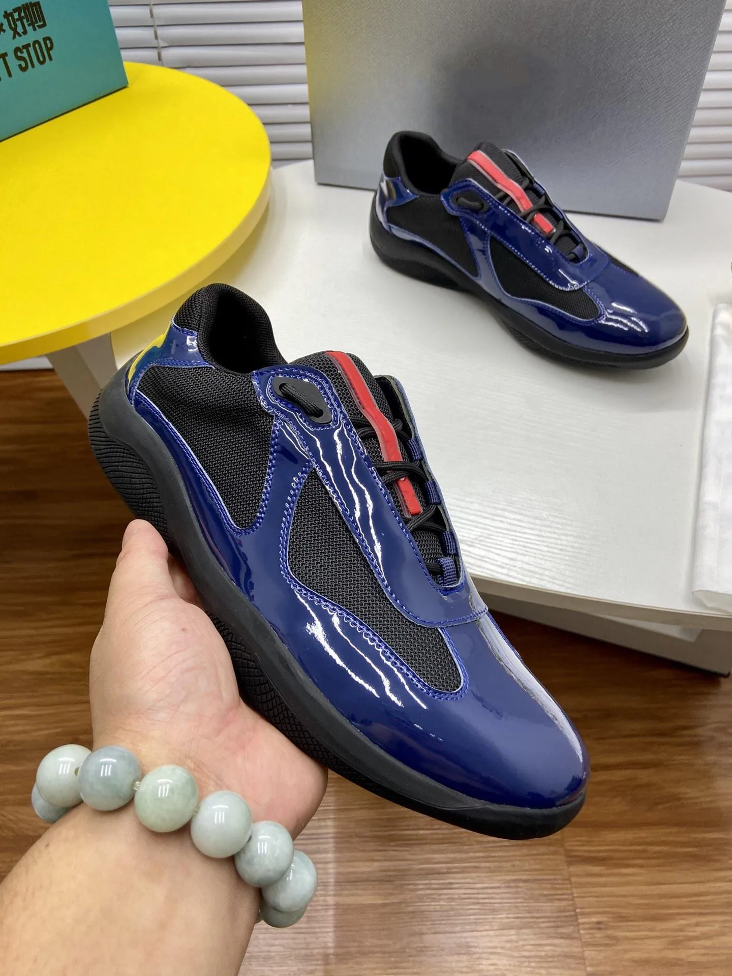 2022 Designer Sneakers Flat Trainers Casual Shoes High Gang Outdoor Shoes Top Patent Leather Black Blue Mesh Lace-Up Nylon Men America Cup With Box