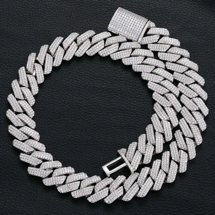 BLING FULL CZ 20 mm Bredd Guldpl￤terad 925 Sterling Silver Miamicuban Chain Halsband Armband Punk Hiphop Rapper Street smycken f￶r m￤n