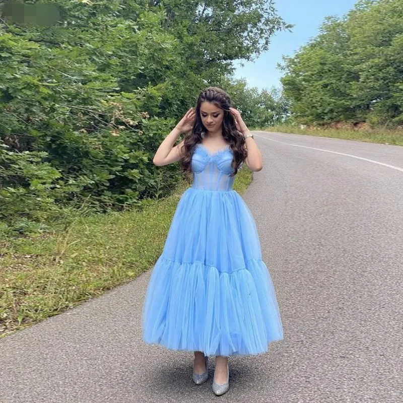 Sky Blue Straps Tulle A Line evening Prom Dress Ankle Length spaghetti straps Sweetheart Homecoming Dresses 2022 New Graduation Party Gowns