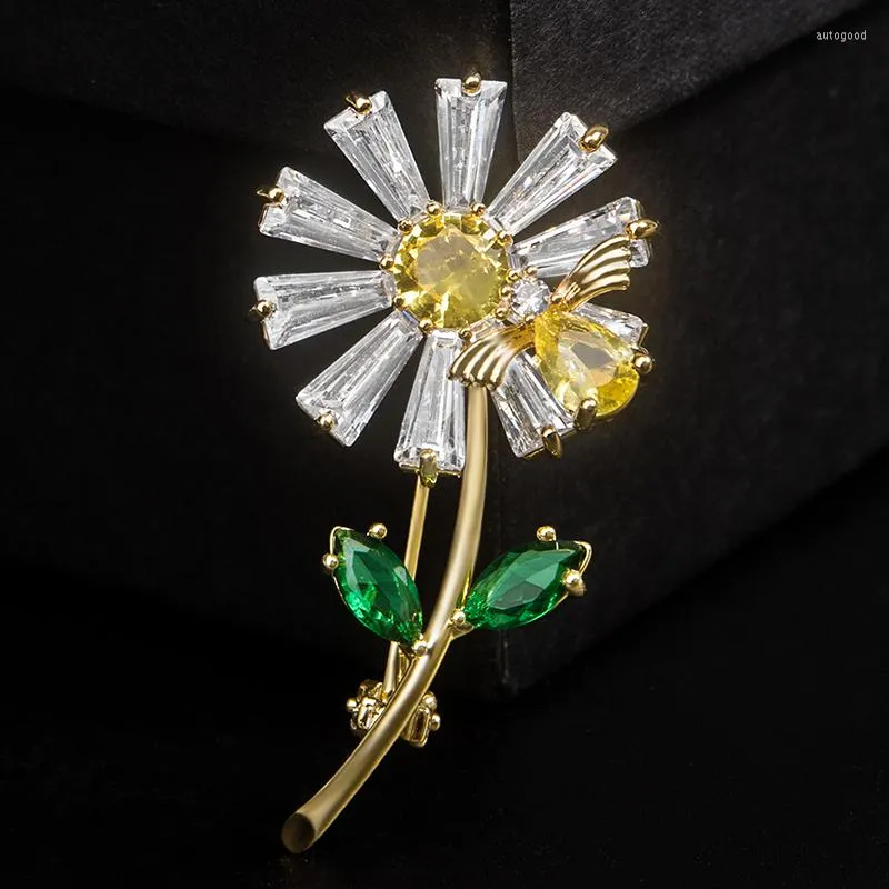 Broches en Jade ange coloré, petite marguerite avec abeille, broches pour femmes, zircone cubique, bijoux, accessoires vêtements