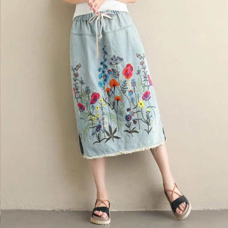 Skirts Vintage Embroidered Denim Skirt Large Size Women Korean Fashion Clothes Loose Casual Elastic Waist Jeans Saia F1209