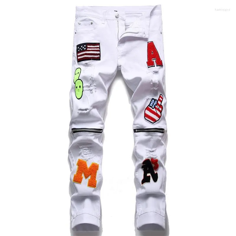 Jeans da uomo di alta qualità buco bianco uomo distrutto patch design cerniera pantaloni da motociclista pantaloni hip-hop strappati skinny stretch denim Drop Sh