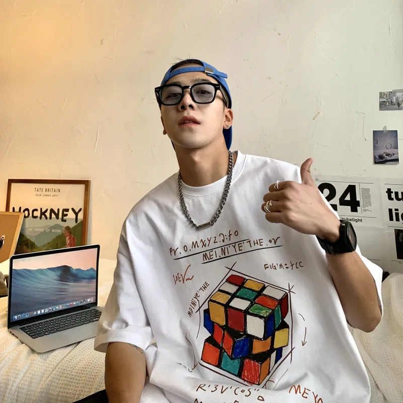 Sommer Herren T-Shirts Männlich Rubik's Cube Gedruckt Europäische und Amerikanische Flut Marke High Street Plankton Shuai Halbarm Paar Top